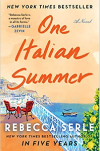 Cover of "One Italian Summer." Brightly colored balcony overlooking bright blue water.