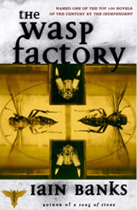 The cover of "The Wasp Factory." Pictures of four wasps on front in yellow.