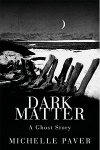 Cover of Dark Matter. Black and white depiction of whale bones against ocean. 