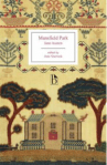 Cover of Mansfield Park by Jane Austen. Light Yellow cover with image done in sampler embroidery style of estate and trees, along with floral motifs.